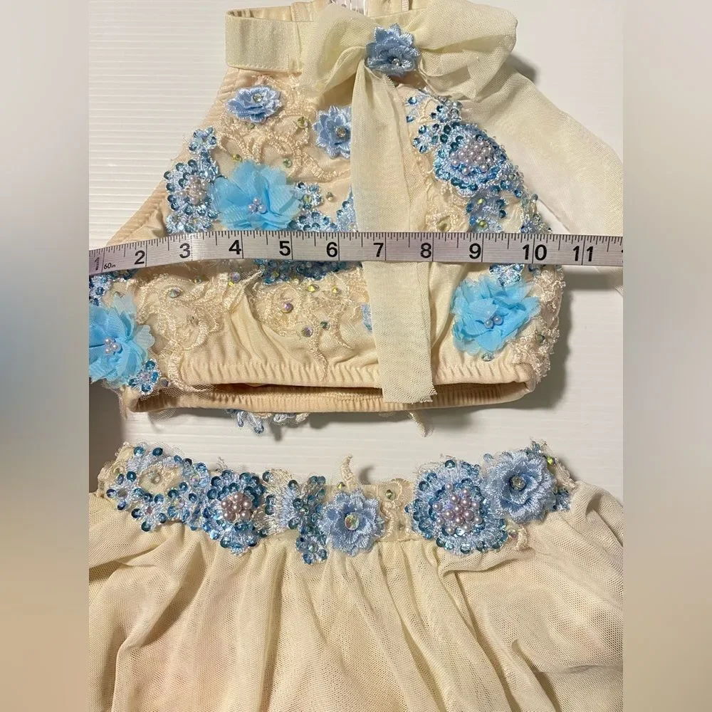 Glamour solo dance costume 2 piece white blue lyrical contemporary MC med child